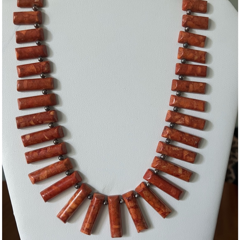 Jay King Graduated Orange Sponge Coral Bar Necklace with/Sterling Silver 19 In.